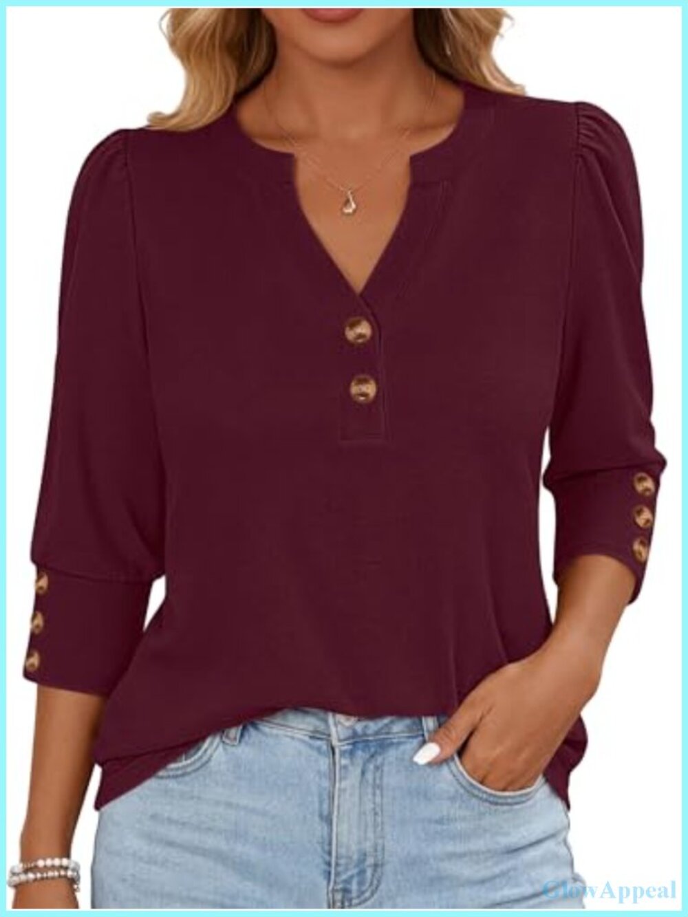 Women's 3/4 Sleeve Henley Tunic Blouse Loose Fit Business Casual Top